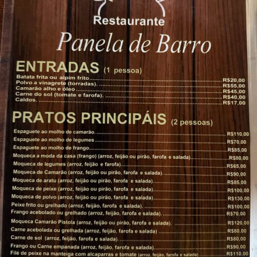 The menu at Panela de Barro in Velha Boipeba