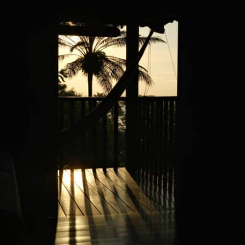 Sun creeping through the deck door at Pousada Horizonte Azul in Boipeba